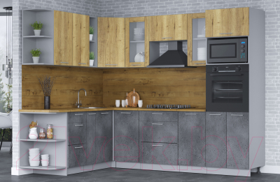 Кухонный гарнитур Интерлиния Мила 1.88х2.6 левая (дуб золотой/бетон портленд/дуб бунратти)