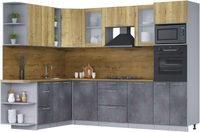 Кухонный гарнитур Интерлиния Мила 1.88х2.8 левая (дуб золотой/бетон портленд/дуб бунратти) - фото