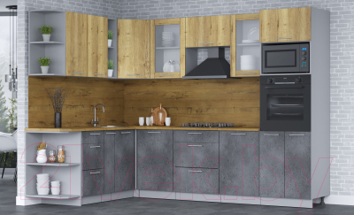 Кухонный гарнитур Интерлиния Мила 1.88х2.8 левая (дуб золотой/бетон портленд/дуб бунратти)