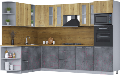 Кухонный гарнитур Интерлиния Мила 1.88х3.0 левая (дуб золотой/бетон портленд/дуб бунратти) - фото