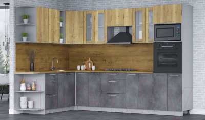 Кухонный гарнитур Интерлиния Мила 1.88х3.0 левая (дуб золотой/бетон портленд/дуб бунратти)