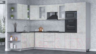 Кухонный гарнитур Интерлиния Мила 1.88х3.2 левая (бетон лайт/бетон лайт/кастилло темный)