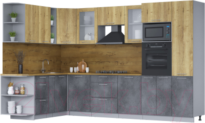 Кухонный гарнитур Интерлиния Мила 1.88х3.2 левая (дуб золотой/бетон портленд/дуб бунратти) - фото