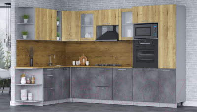 Кухонный гарнитур Интерлиния Мила 1.88х3.2 левая (дуб золотой/бетон портленд/дуб бунратти)