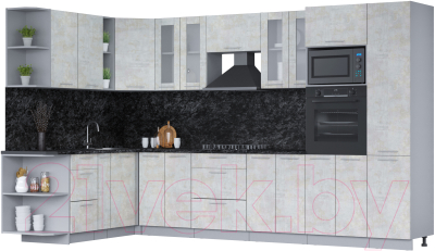 Кухонный гарнитур Интерлиния Мила 1.88х3.4 левая (бетон лайт/бетон лайт/кастилло темный) - фото