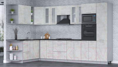 Кухонный гарнитур Интерлиния Мила 1.88х3.4 левая (бетон лайт/бетон лайт/кастилло темный)