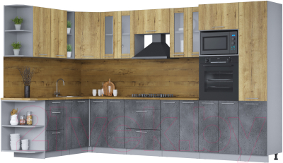 Кухонный гарнитур Интерлиния Мила 1.88х3.4 левая (дуб золотой/бетон портленд/дуб бунратти) - фото