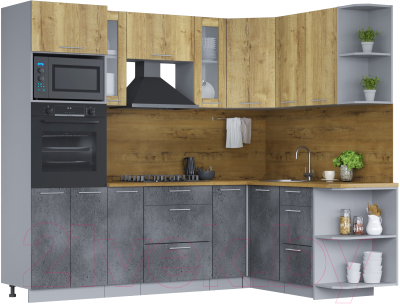 Кухонный гарнитур Интерлиния Мила 1.68х2.4 правая (дуб золотой/бетон портленд/дуб бунратти) - фото