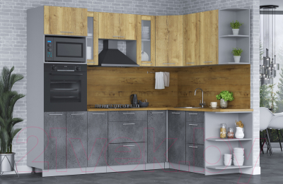 Кухонный гарнитур Интерлиния Мила 1.68х2.4 правая (дуб золотой/бетон портленд/дуб бунратти)