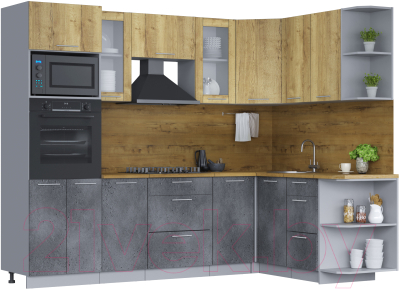 Кухонный гарнитур Интерлиния Мила 1.68х2.6 правая (дуб золотой/бетон портленд/дуб бунратти) - фото