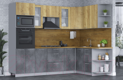 Кухонный гарнитур Интерлиния Мила 1.68х2.6 правая (дуб золотой/бетон портленд/дуб бунратти)