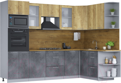 Кухонный гарнитур Интерлиния Мила 1.68х2.8 правая (дуб золотой/бетон портленд/дуб бунратти) - фото