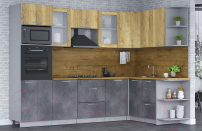 Кухонный гарнитур Интерлиния Мила 1.68х2.8 правая (дуб золотой/бетон портленд/дуб бунратти)