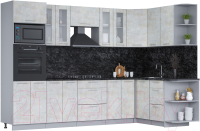 Кухонный гарнитур Интерлиния Мила 1.68х3.0 правая (бетон лайт/бетон лайт/кастилло темный) - фото