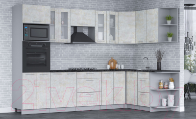 Кухонный гарнитур Интерлиния Мила 1.68х3.0 правая (бетон лайт/бетон лайт/кастилло темный)