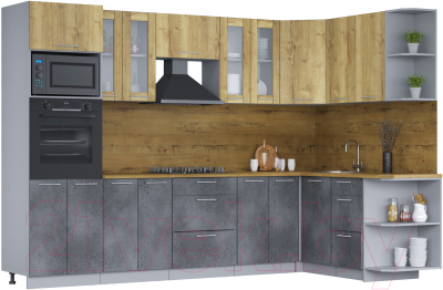 Кухонный гарнитур Интерлиния Мила 1.68х3.0 правая (дуб золотой/бетон портленд/дуб бунратти) - фото