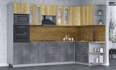 Кухонный гарнитур Интерлиния Мила 1.68х3.0 правая (дуб золотой/бетон портленд/дуб бунратти)