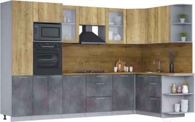 Кухонный гарнитур Интерлиния Мила 1.68х3.2 правая (дуб золотой/бетон портленд/дуб бунратти) - фото