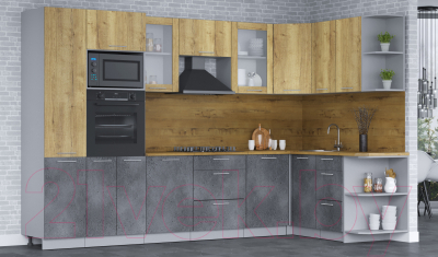 Кухонный гарнитур Интерлиния Мила 1.68х3.2 правая (дуб золотой/бетон портленд/дуб бунратти)