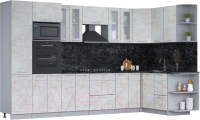 Кухонный гарнитур Интерлиния Мила 1.68х3.4 правая (бетон лайт/бетон лайт/кастилло темный) - фото
