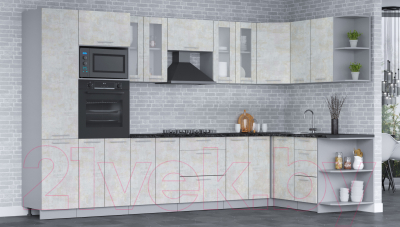 Кухонный гарнитур Интерлиния Мила 1.68х3.4 правая (бетон лайт/бетон лайт/кастилло темный)