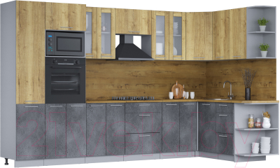 Кухонный гарнитур Интерлиния Мила 1.68х3.4 правая (дуб золотой/бетон портленд/дуб бунратти) - фото