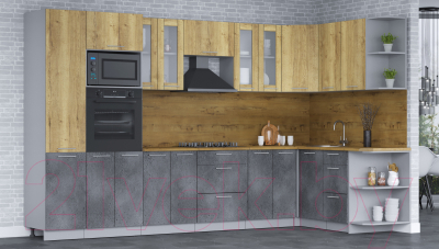 Кухонный гарнитур Интерлиния Мила 1.68х3.4 правая (дуб золотой/бетон портленд/дуб бунратти)