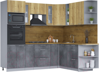 Кухонный гарнитур Интерлиния Мила 1.88х2.4 правая (дуб золотой/бетон портленд/дуб бунратти) - фото