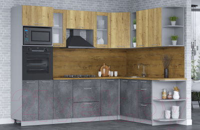 Кухонный гарнитур Интерлиния Мила 1.88х2.6 правая (дуб золотой/бетон портленд/дуб бунратти)