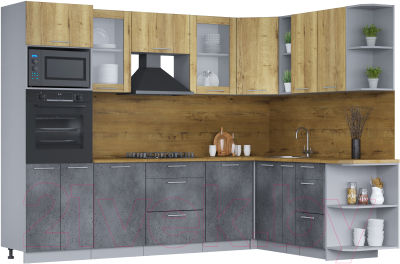 Кухонный гарнитур Интерлиния Мила 1.88х2.8 правая (дуб золотой/бетон портленд/дуб бунратти) - фото