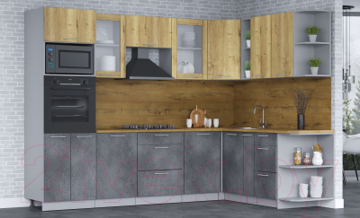 Кухонный гарнитур Интерлиния Мила 1.88х2.8 правая (дуб золотой/бетон портленд/дуб бунратти)