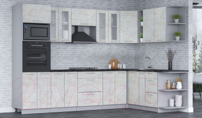 Кухонный гарнитур Интерлиния Мила 1.88х3.0 правая (бетон лайт/бетон лайт/кастилло темный)