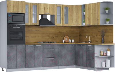 Кухонный гарнитур Интерлиния Мила 1.88х3.0 правая (дуб золотой/бетон портленд/дуб бунратти) - фото