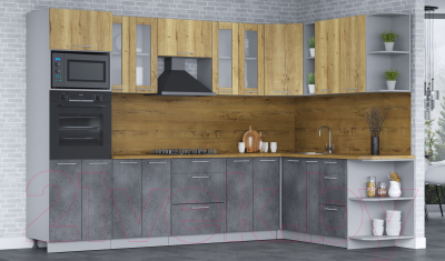 Кухонный гарнитур Интерлиния Мила 1.88х3.0 правая (дуб золотой/бетон портленд/дуб бунратти)