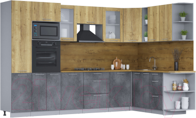 Кухонный гарнитур Интерлиния Мила 1.88х3.2 правая (дуб золотой/бетон портленд/дуб бунратти) - фото