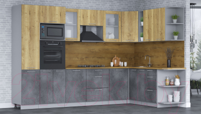 Кухонный гарнитур Интерлиния Мила 1.88х3.2 правая (дуб золотой/бетон портленд/дуб бунратти)