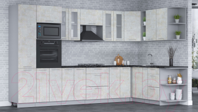 Кухонный гарнитур Интерлиния Мила 1.88х3.4 правая (бетон лайт/бетон лайт/кастилло темный)