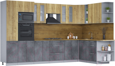 Кухонный гарнитур Интерлиния Мила 1.88х3.4 правая (дуб золотой/бетон портленд/дуб бунратти) - фото