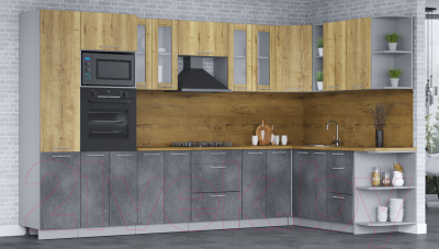 Кухонный гарнитур Интерлиния Мила 1.88х3.4 правая (дуб золотой/бетон портленд/дуб бунратти)