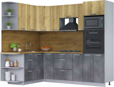 Кухонный гарнитур Интерлиния Мила Лайт 1.68х2.4 левая (дуб золотой/бетон портленд/дуб бунратти) - фото