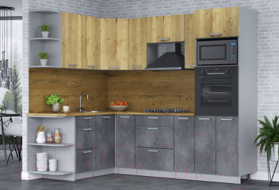 Кухонный гарнитур Интерлиния Мила Лайт 1.68х2.4 левая (дуб золотой/бетон портленд/дуб бунратти)