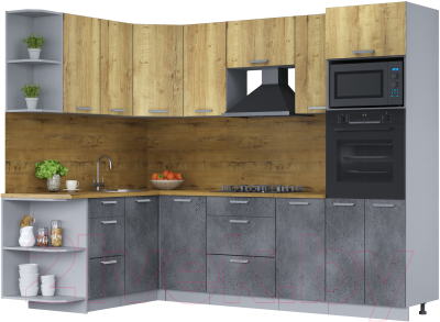 Кухонный гарнитур Интерлиния Мила Лайт 1.68х2.6 левая (дуб золотой/бетон портленд/дуб бунратти) - фото