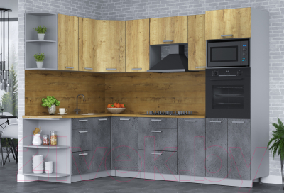 Кухонный гарнитур Интерлиния Мила Лайт 1.68х2.6 левая (дуб золотой/бетон портленд/дуб бунратти)