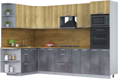 Кухонный гарнитур Интерлиния Мила Лайт 1.68х3.0 левая (дуб золотой/бетон портленд/дуб бунратти) - фото