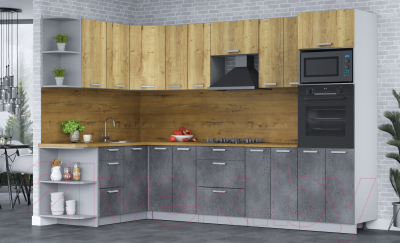 Кухонный гарнитур Интерлиния Мила Лайт 1.68х3.0 левая (дуб золотой/бетон портленд/дуб бунратти)