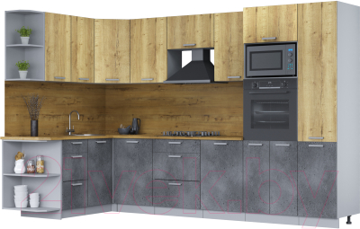 Кухонный гарнитур Интерлиния Мила Лайт 1.68х3.2 левая (дуб золотой/бетон портленд/дуб бунратти) - фото