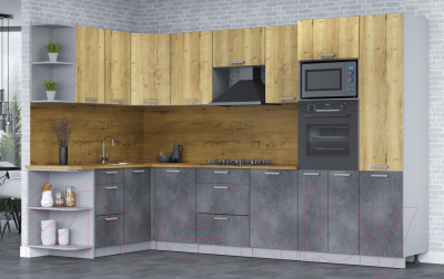 Кухонный гарнитур Интерлиния Мила Лайт 1.68х3.2 левая (дуб золотой/бетон портленд/дуб бунратти)