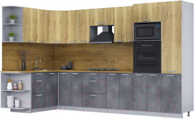 Кухонный гарнитур Интерлиния Мила Лайт 1.68х3.4 левая (дуб золотой/бетон портленд/дуб бунратти) - фото