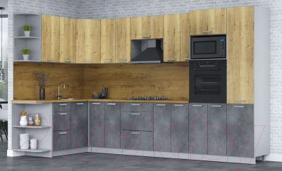 Кухонный гарнитур Интерлиния Мила Лайт 1.68х3.4 левая (дуб золотой/бетон портленд/дуб бунратти)