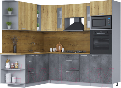 Кухонный гарнитур Интерлиния Мила Лайт 1.88х2.4 левая (дуб золотой/бетон портленд/дуб бунратти) - фото